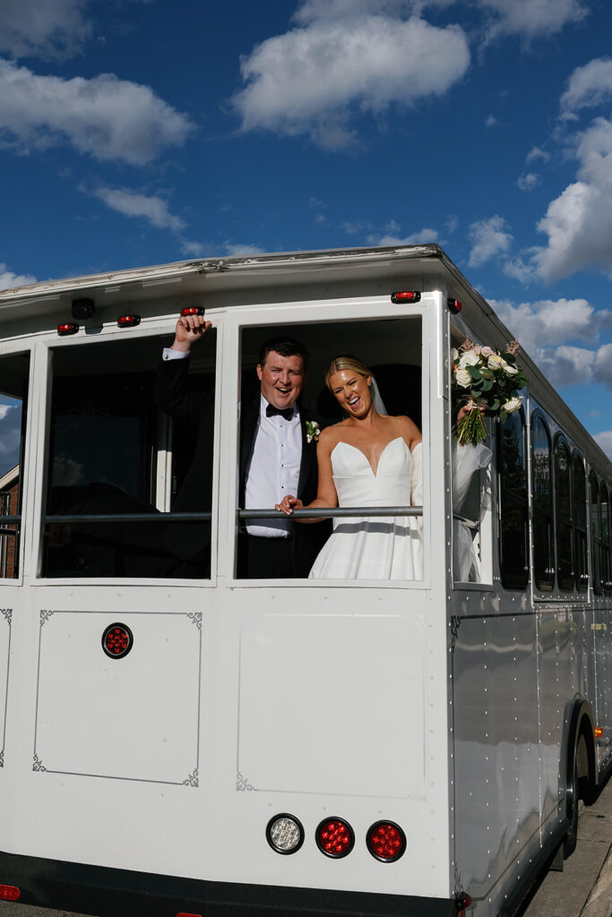 Bride and grooms portraits on the trolley during their Chicago wedding