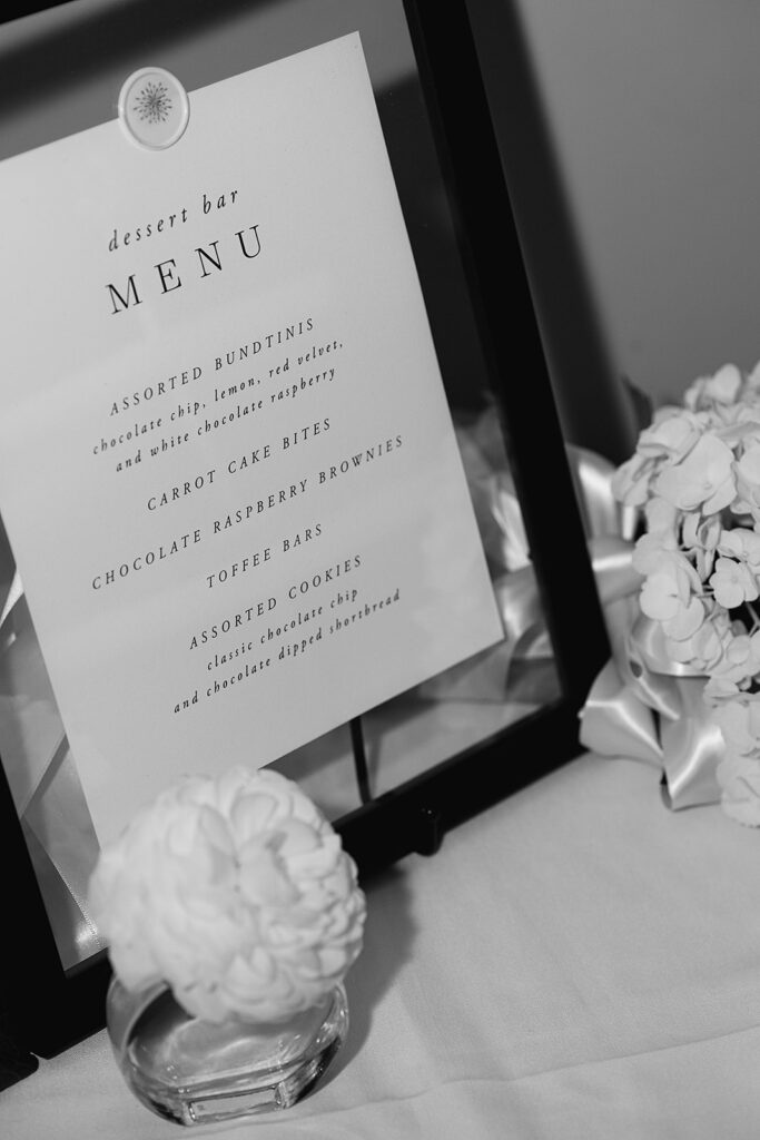 Black and white photo of a wedding reception dinner menu