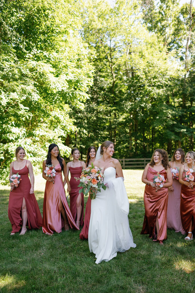 Outdoor bride and bridesmaids photos from a Stone Creek Lodge wedding in Crawfordsville, Indiana