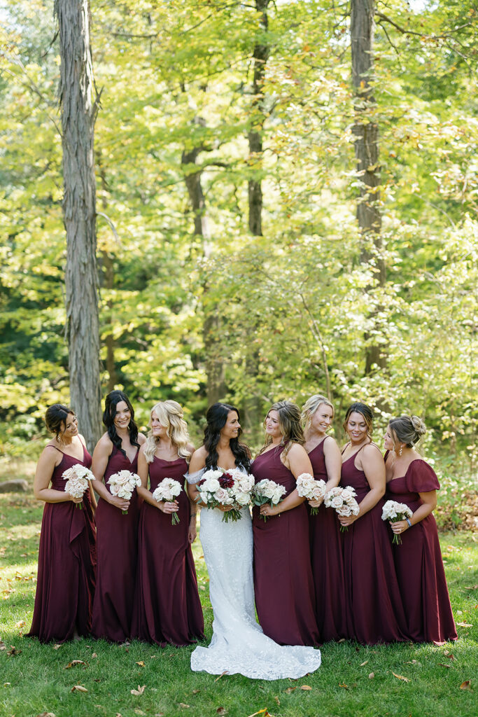 Outdoor fall bride and bridesmaids portraits from a Rita Charles wedding in Indianapolis