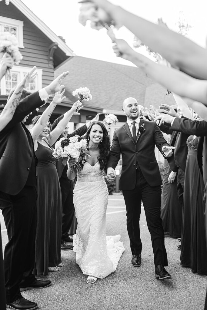 Bride and groom with their wedding party for their fall Ritz Charles wedding in Indianapolis, Indiana