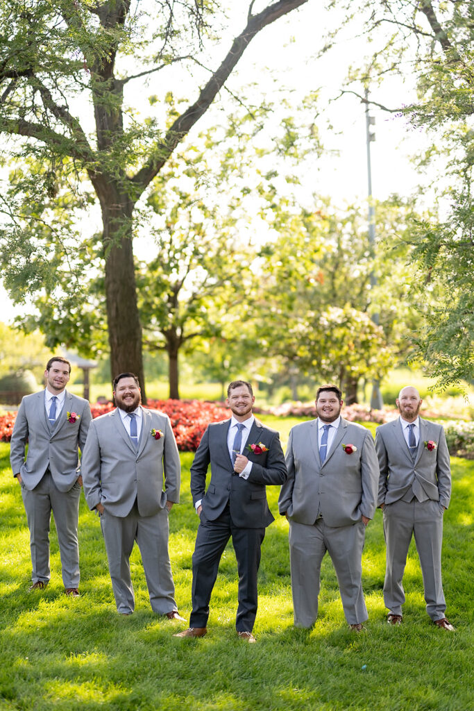 Outdoor groom and groomsmen portraits from a Sky on Nine wedding in Chicago