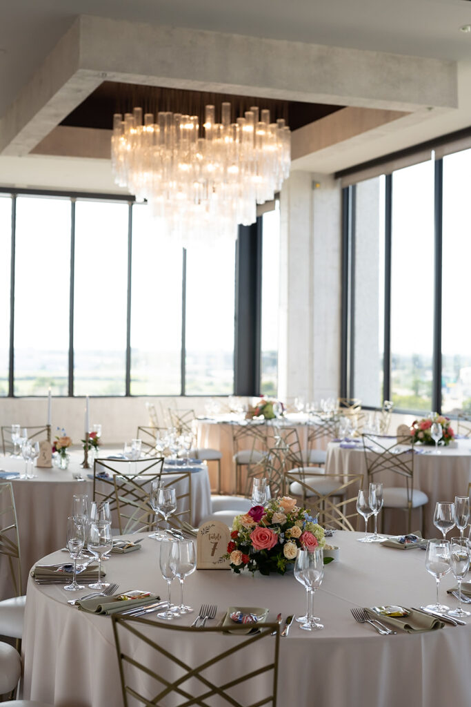 An indoor Sky on Nine wedding reception in Chicago, Illinois