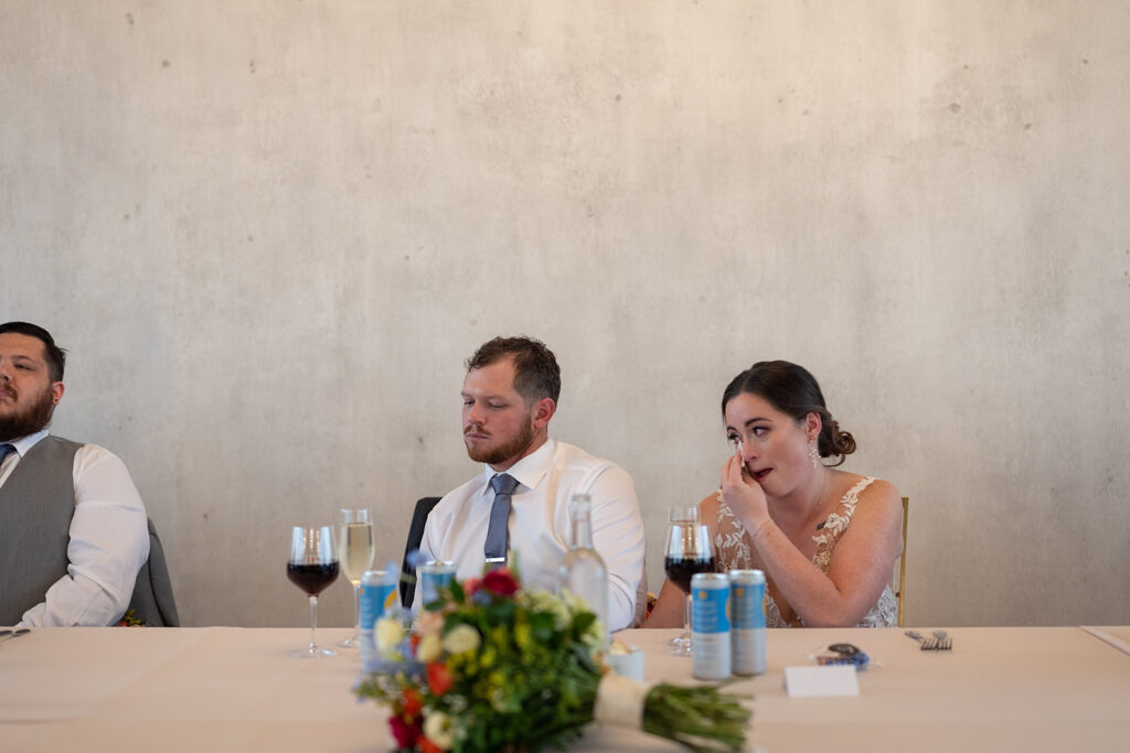 Bride and groom getting emotional during their Sky on Nine wedding reception speeches