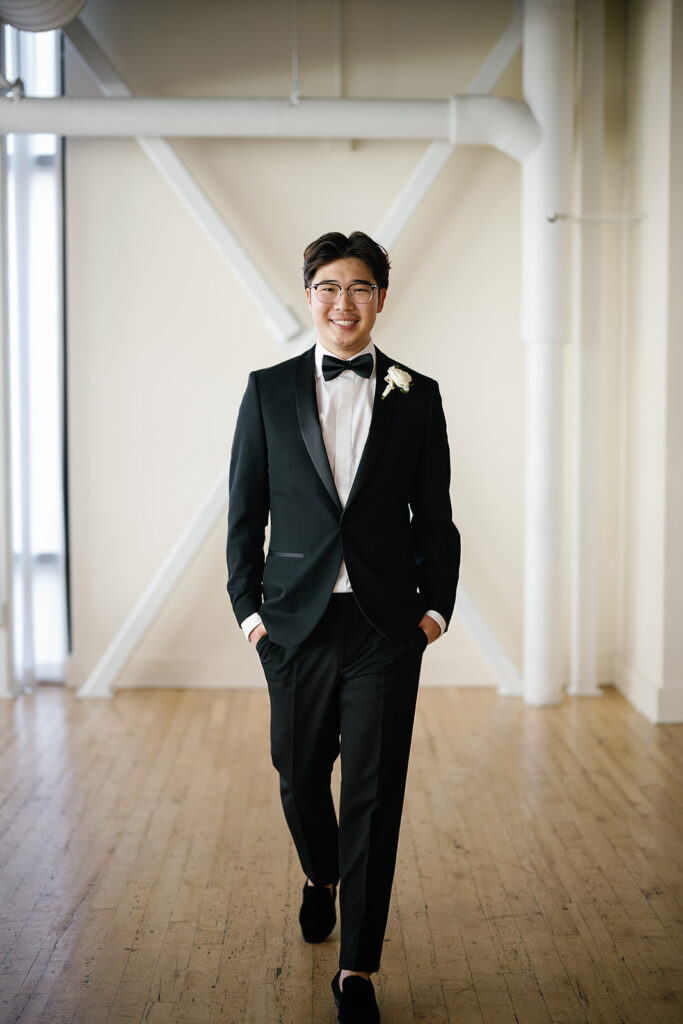 Indoor grooms portraits at Greenhouse Loft Chicago wedding venue