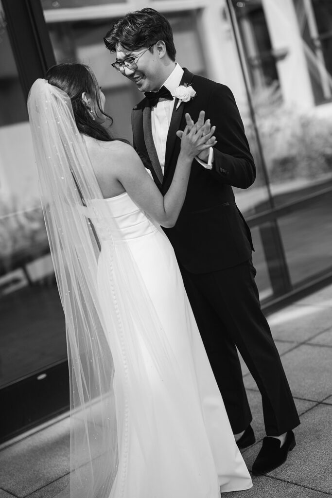 Bride and groom sharing a first look outdoors for their Greenhouse Loft Chicago wedding