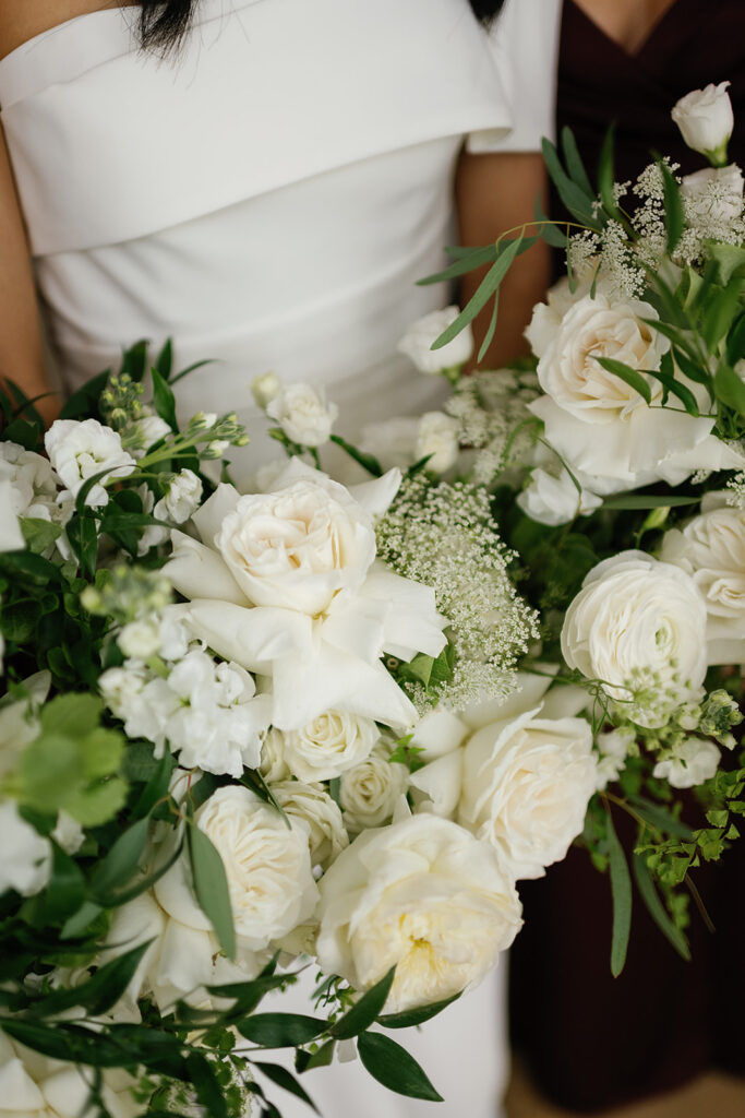 Bride and bridesmaids holding classic white bouquets