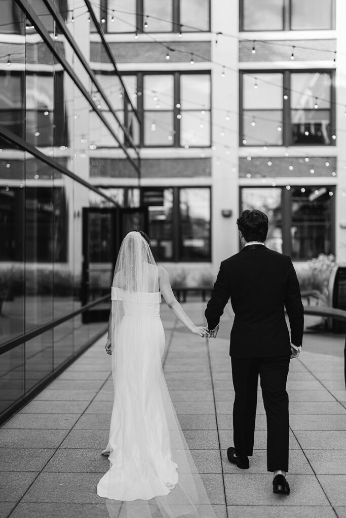 Black and white photo of a bride and groom