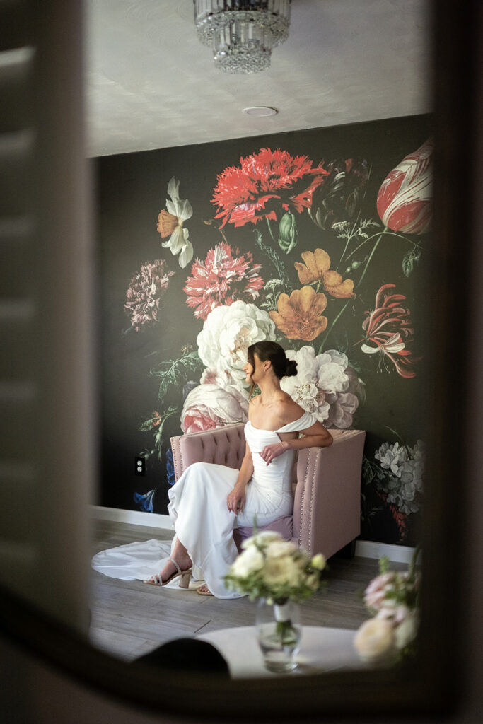 Indoor bridal portraits at The Bridal Cottage In The Woods at Artisan Acres Estate
