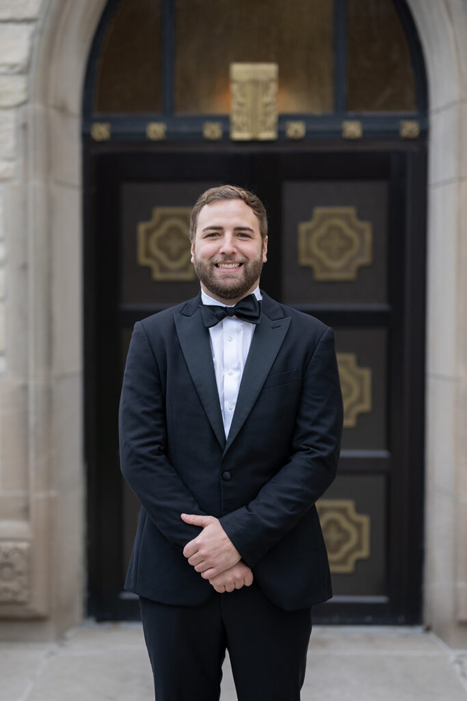 Grooms portraits outside of Cathedral of Immaculate Conception in Fort Wayne, Indiana