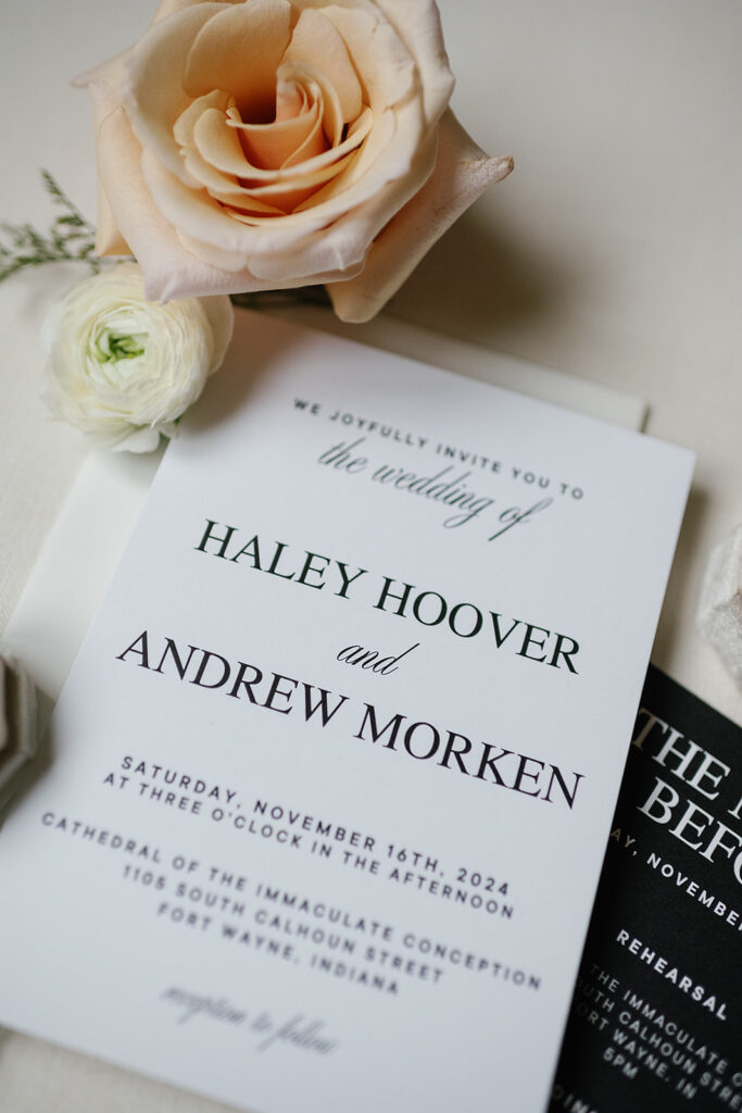 Fort Wayne wedding invitation flatlay