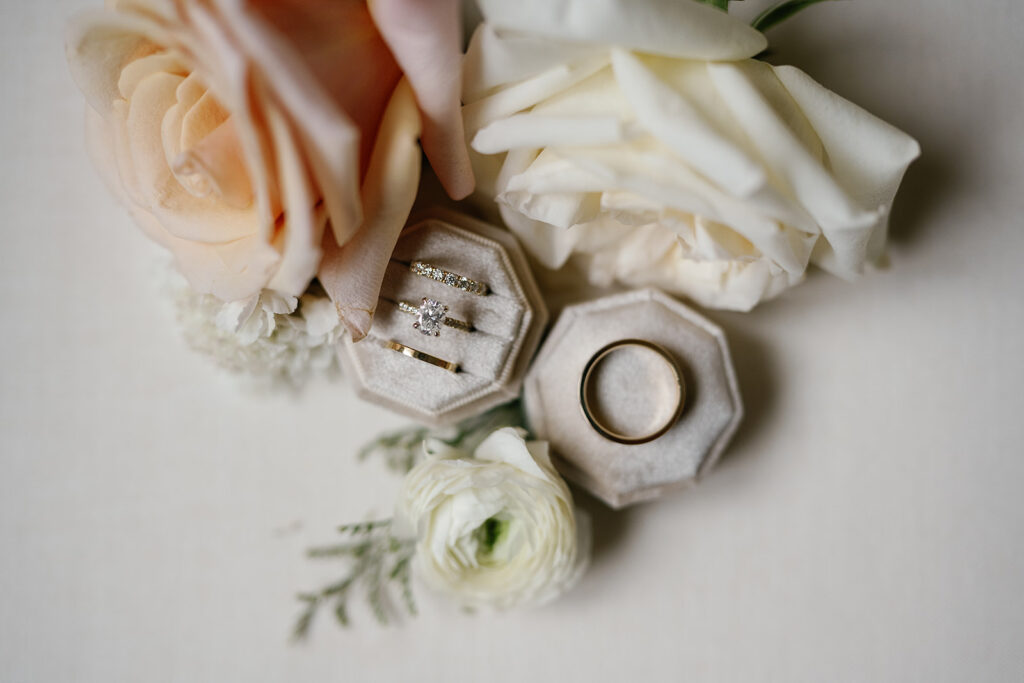 Flatlay shot of wedding rings