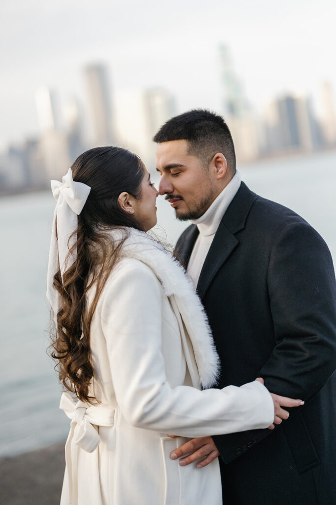 Couples skyline Chicago engagement photos at Alder Planetarium