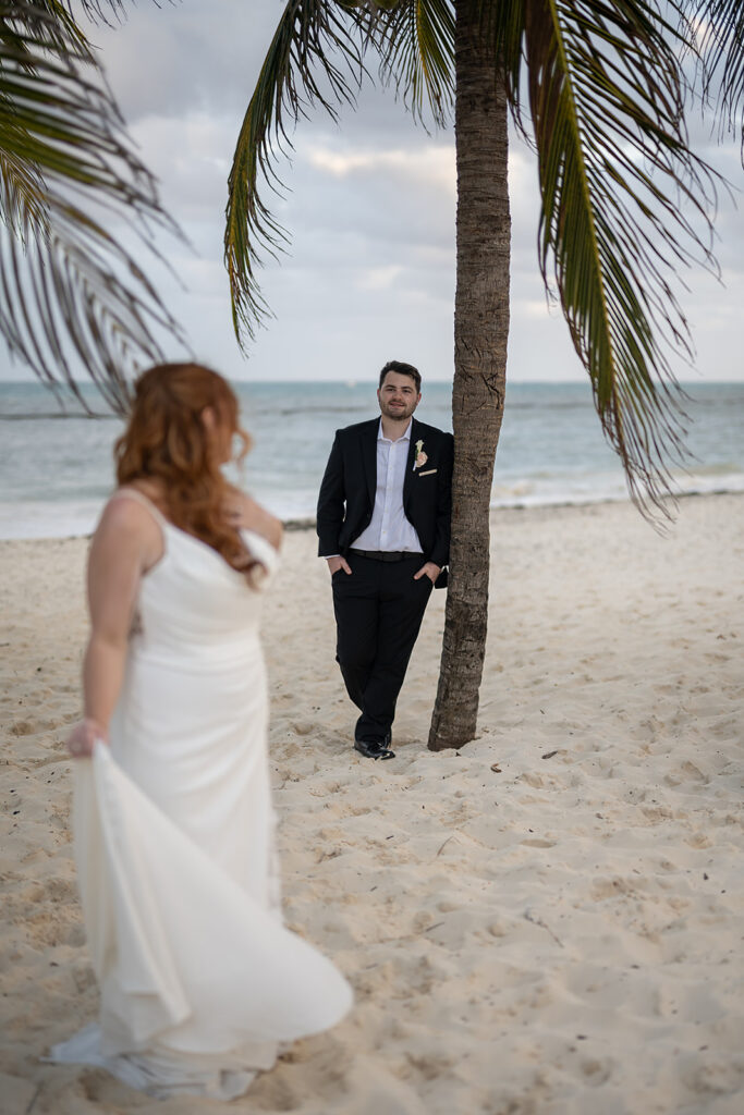 Bride and grooms editorial destination wedding photos on a beach in Cancun