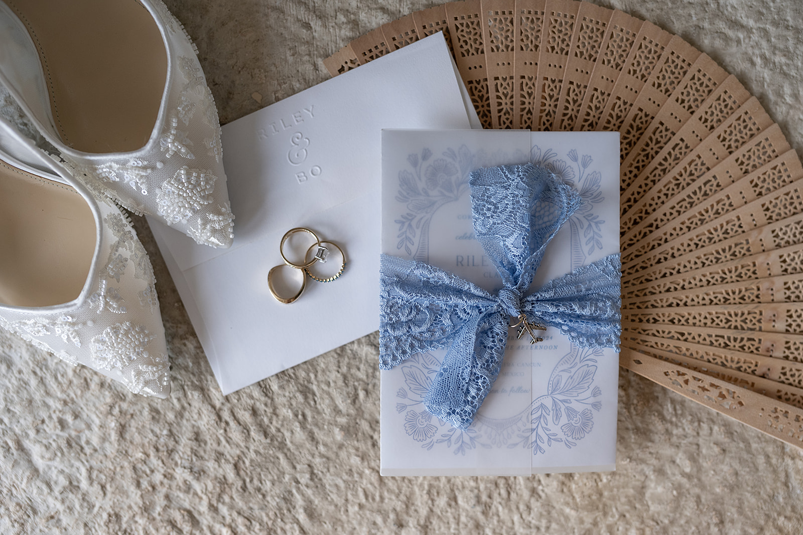 Destination Cancun wedding details flatlay