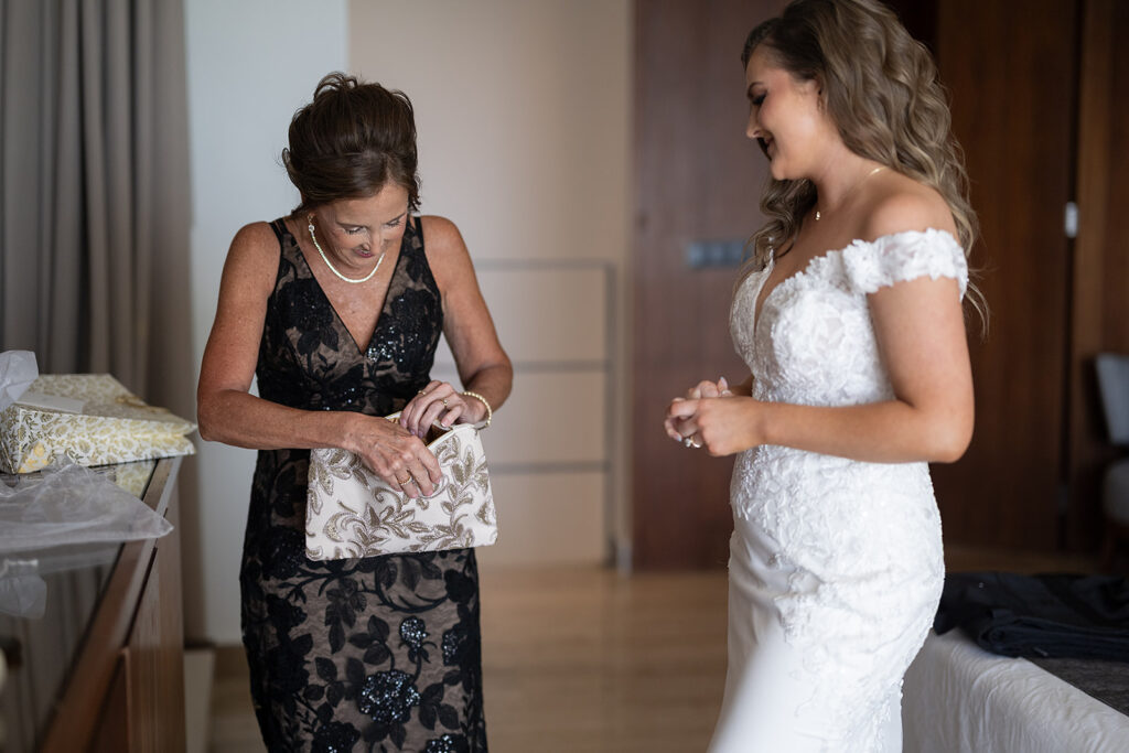 Bride giving her mother a special wedding day gift