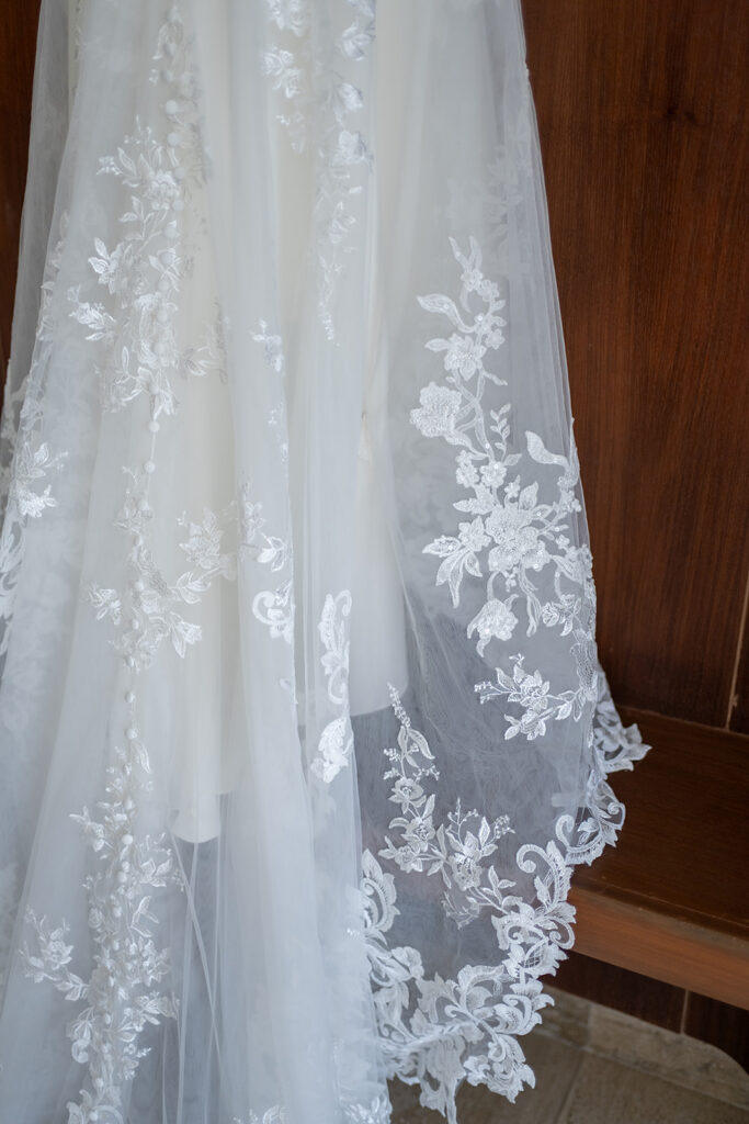 Beautiful lace detailing on a wedding train