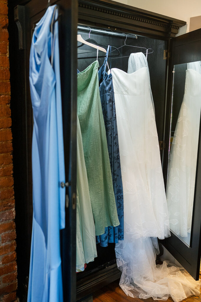 Bride and bridesmaids dresses hanging