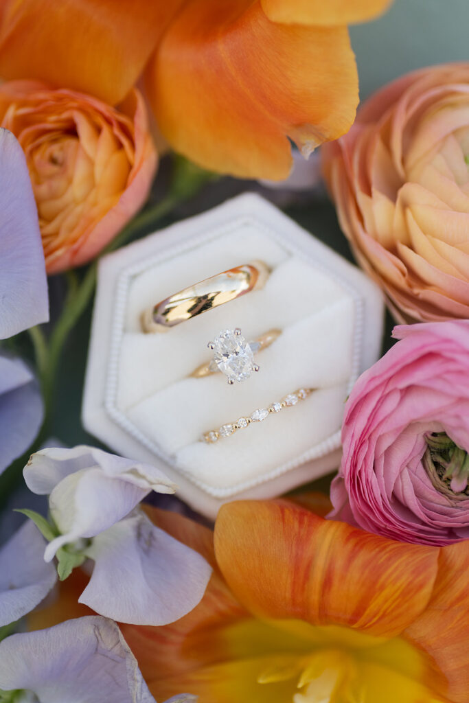 Wedding rings and floral detail shot