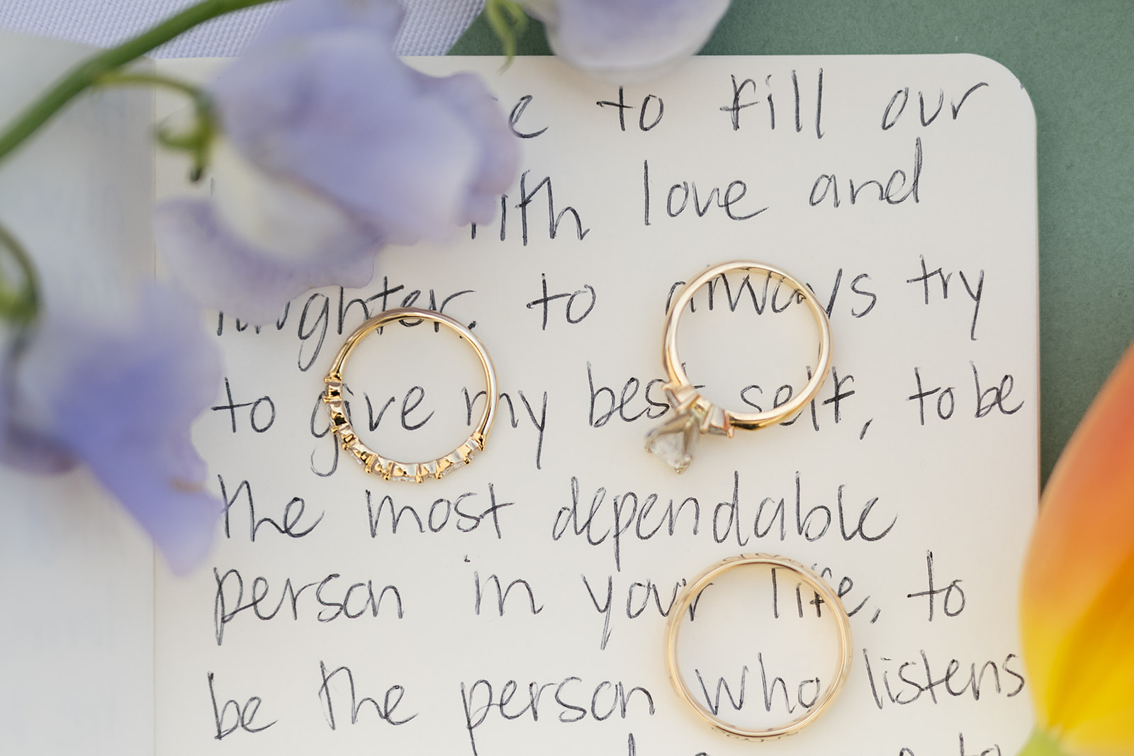 Wedding rings laying on top of a vow book