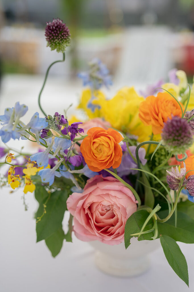 Colorful spring florals from an Asheville wedding reception
