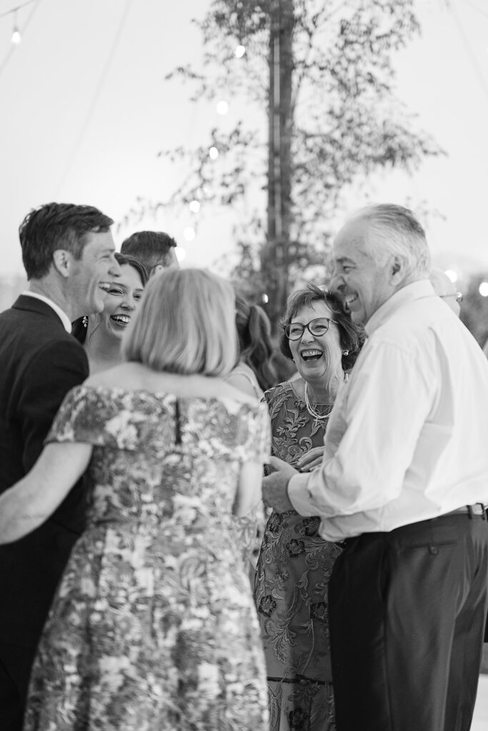 Black and white photo of everyone on the dance floor