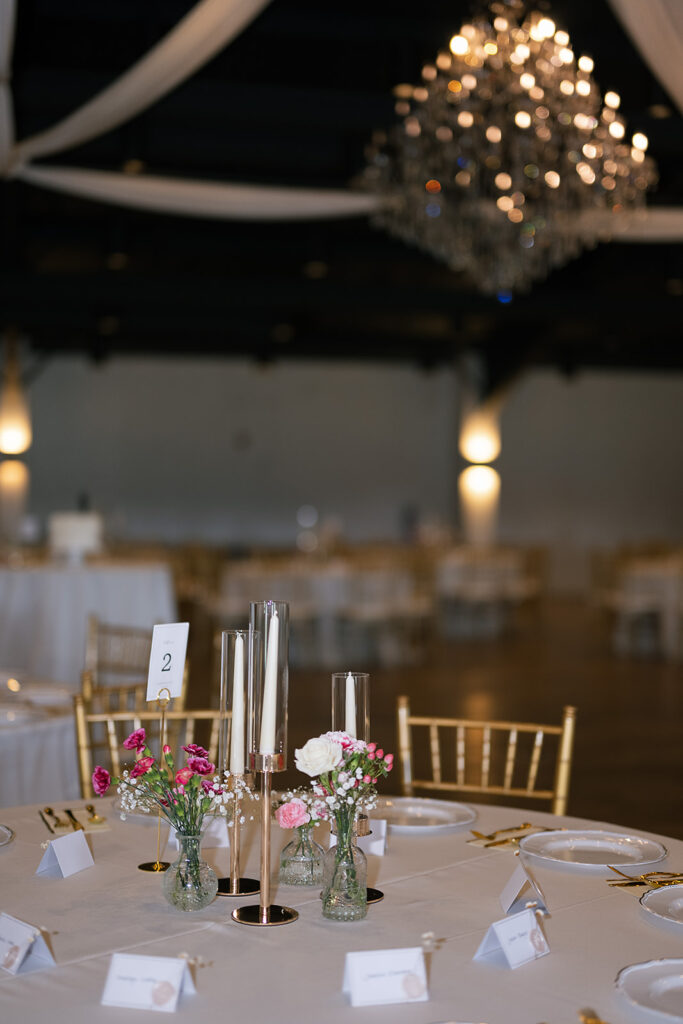Elegant indoor wedding reception in the Upper Ballroom at Daniel's Vineyard