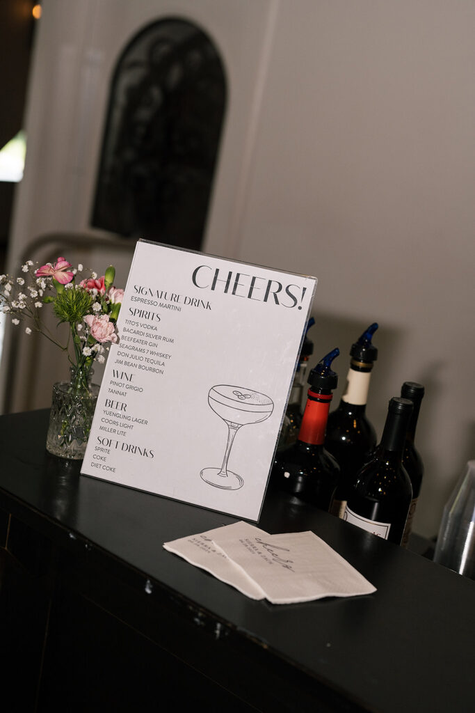 Bar signage at Daniel's Vineyard for a wedding reception