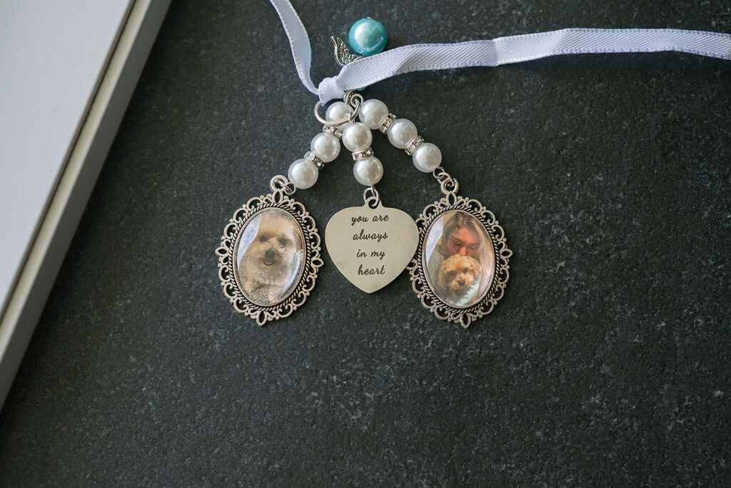 Close up detail shot of a brides wedding bouquet memory details of her dog