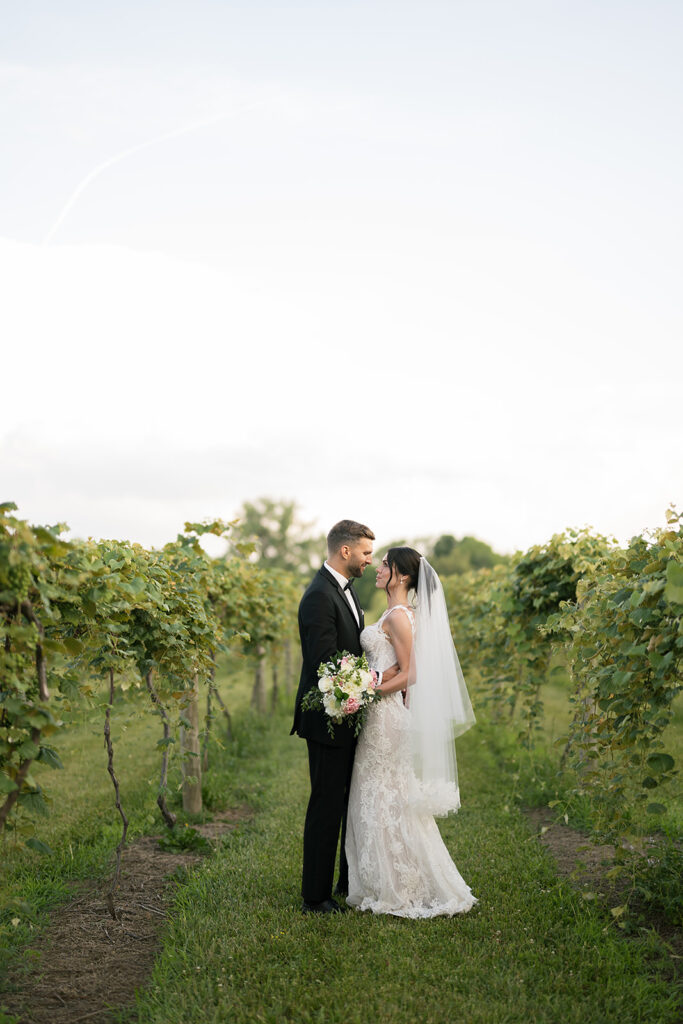 Bride and groom posing in the vibes at Daniel's Vineyard wedding venue in Indiana