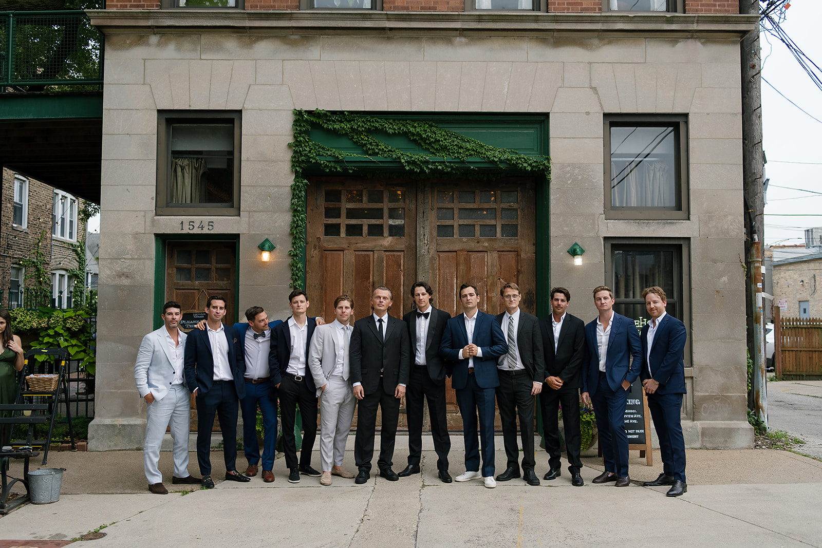 Groom and groomsmen portraits outside of Firehouse Chicago